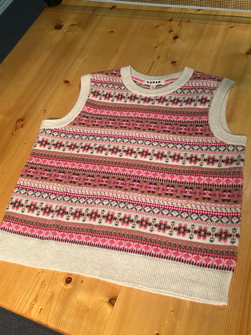 Boden Pink, Cream and Brown Fair Isle Crewneck Sweater Vest
